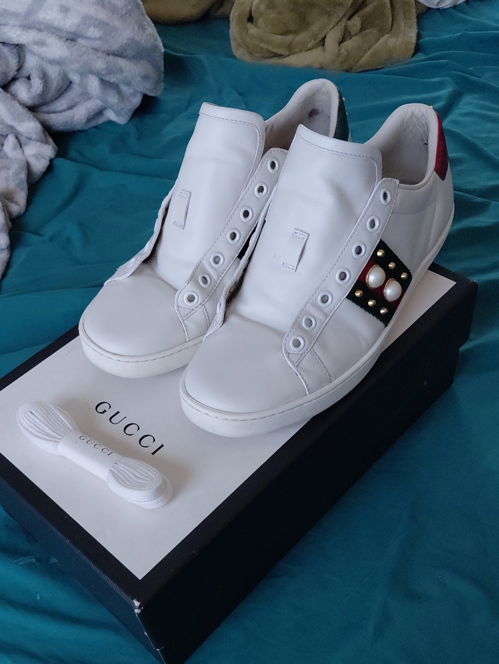 Gucci White Leather Slip-On Sneakers with Pearl & Stud Accent